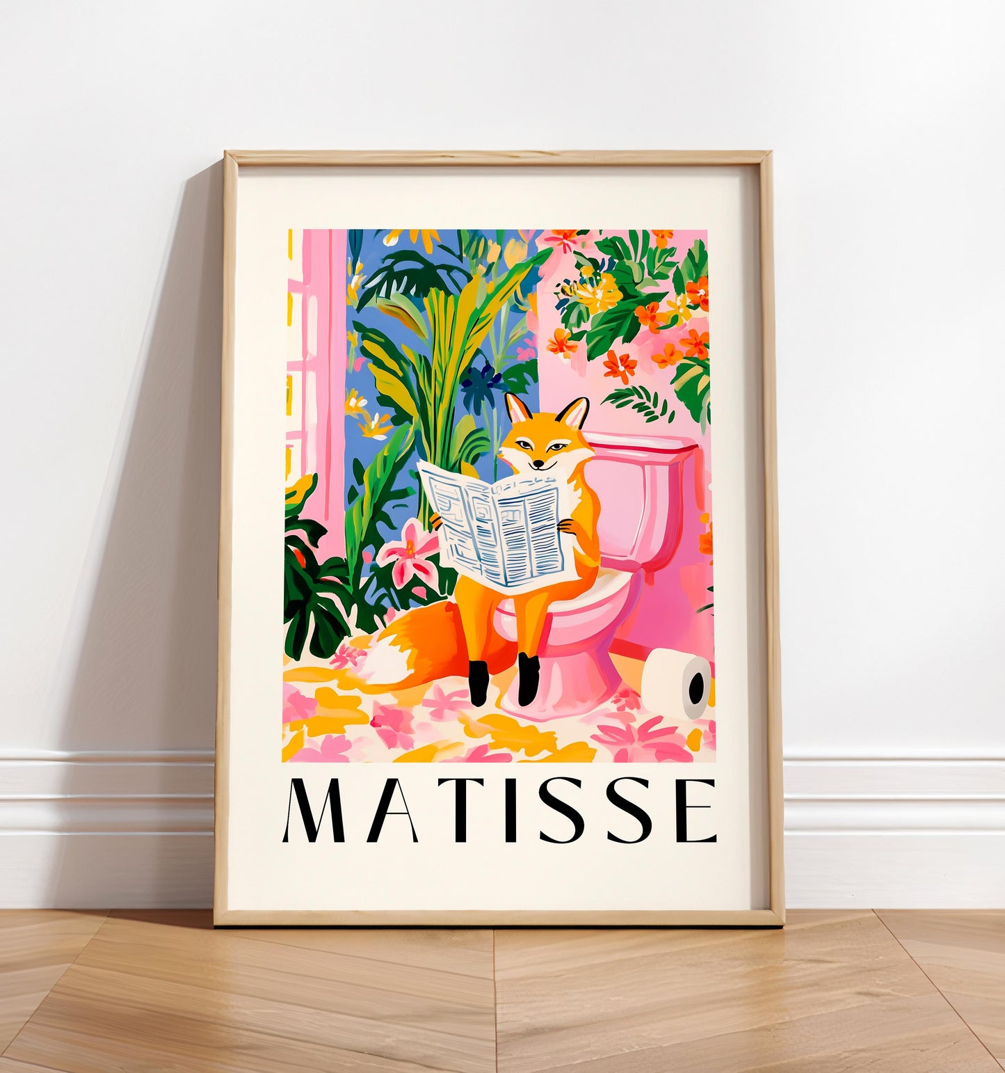Funny Fox on Toilet Bathroom Print: Matisse Style Animal Wall Art