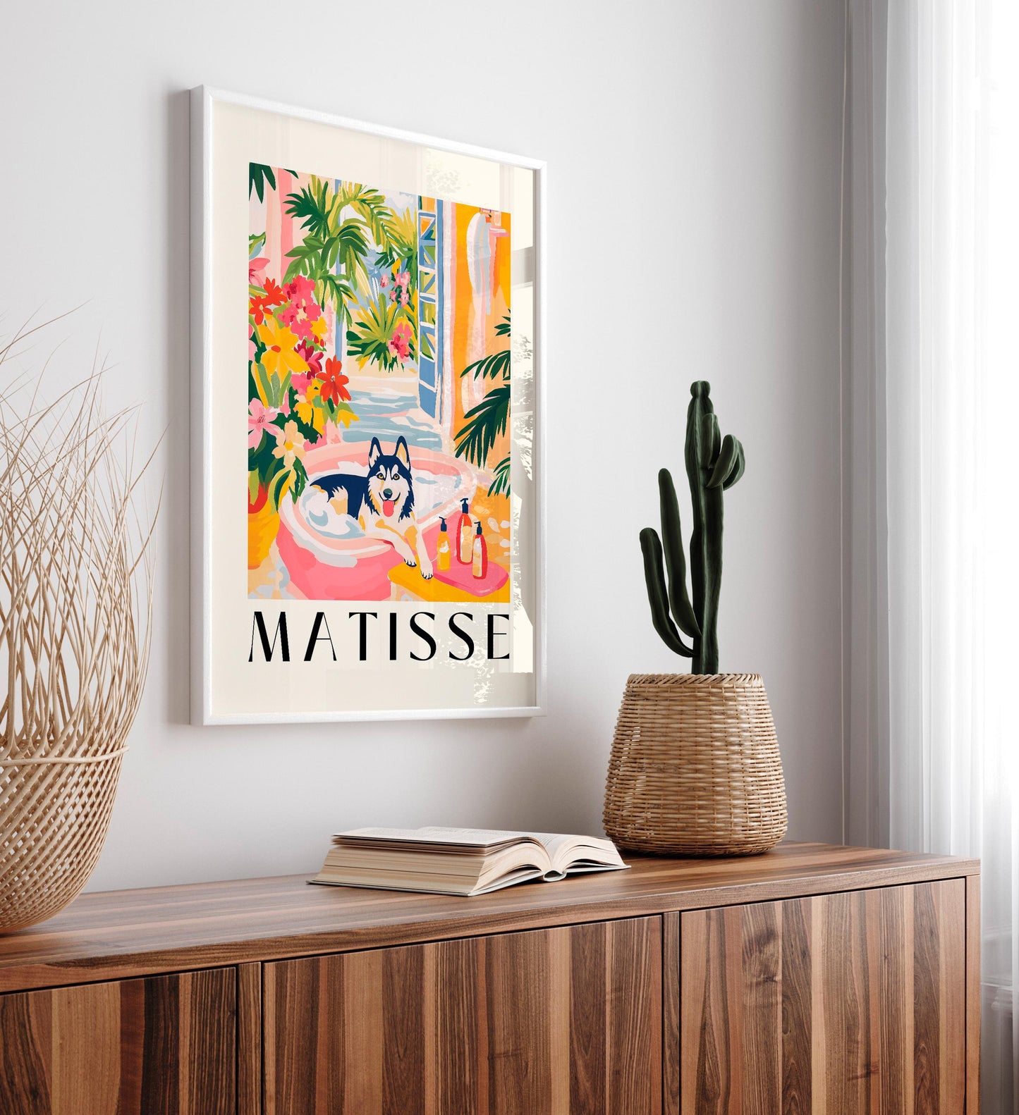 Husky in Bathtub Art Print: Matisse Style Bathroom Decor