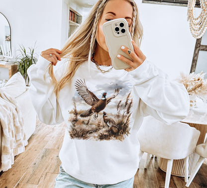 Retro Pheasant Bird Wilderness Scene Sweatshirt - 90's Vintage Game Birds Outfit - Boho Unisex Crewneck Sweatshirt