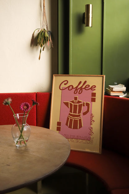 Coffee Poster, Kitchen Art, Kitchen Poster, Kitchen Print, Moka Pot, Modern Kitchen Decor, Retro Poster, Exhibition Poster, Pink Wall Art