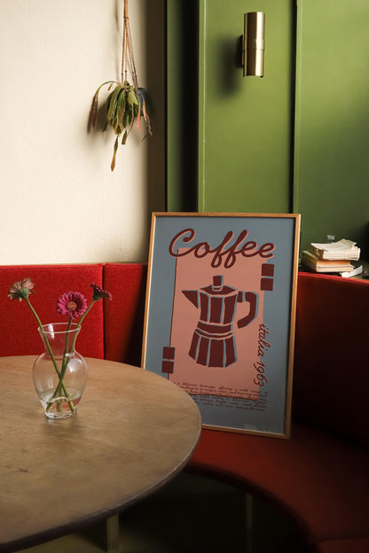 Coffee Poster, Kitchen Art, Kitchen Poster, Kitchen Print, Moka Pot, Modern Kitchen Decor, Retro Poster, Exhibition Poster, Blue Wall Art