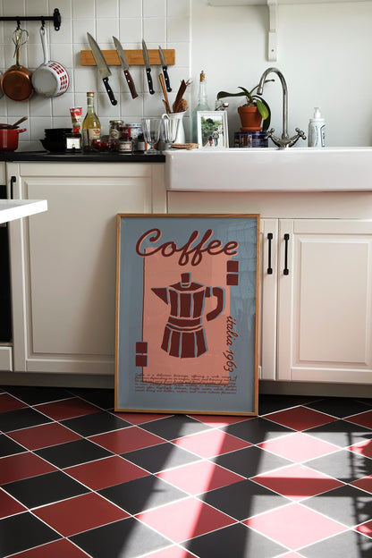 Coffee Poster, Kitchen Art, Kitchen Poster, Kitchen Print, Moka Pot, Modern Kitchen Decor, Retro Poster, Exhibition Poster, Blue Wall Art