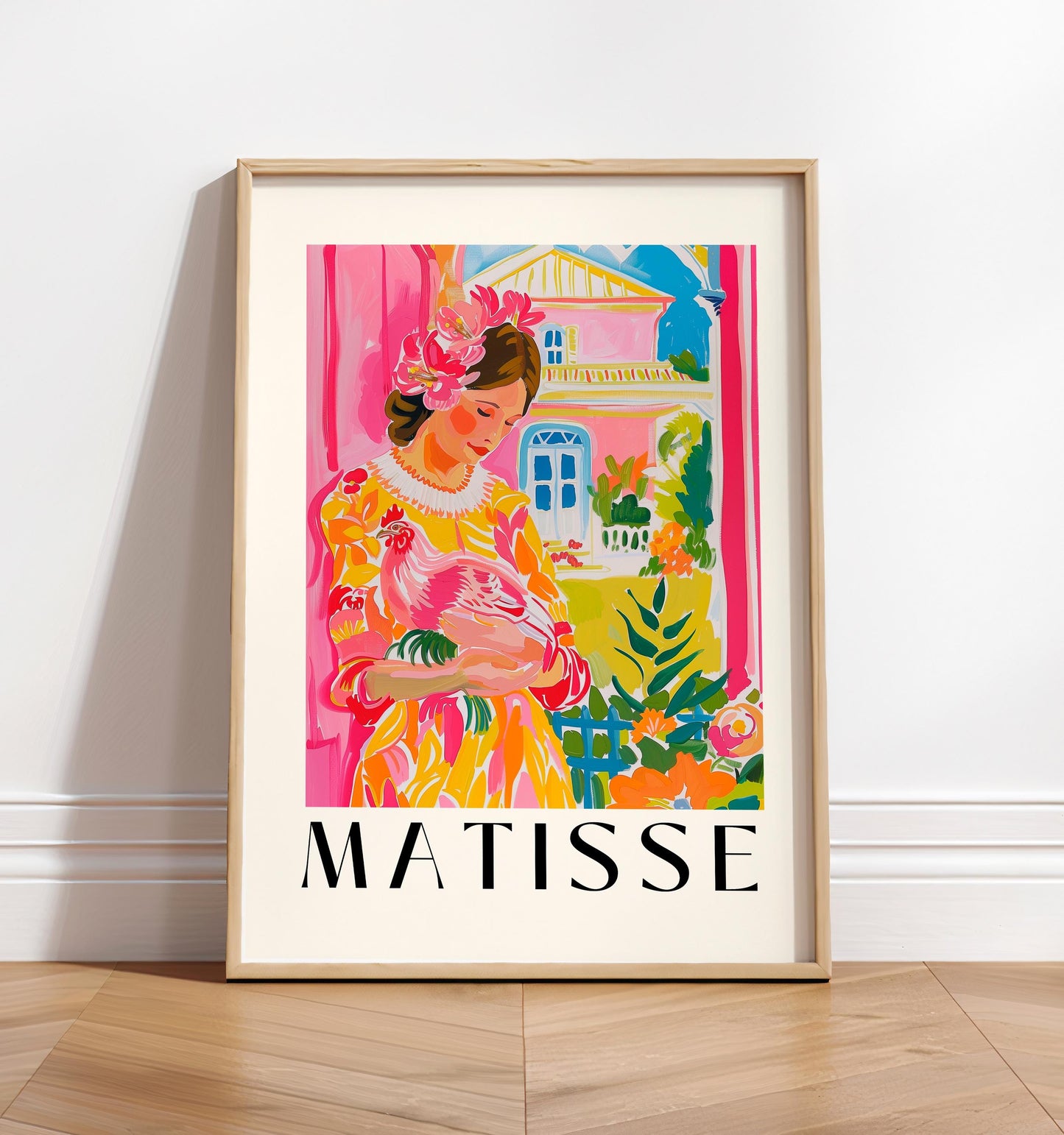 Woman holding a chicken, Matisse print, Cowgirl art, Dopamine decor, Bird lover gift