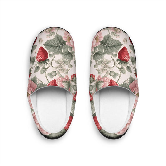 WomenSlippers French Toile Women's Indoor HouseShoes RedStrawberry Pink and WhiteFlowers Design Comfy Slip On's Fruit FloralPattern