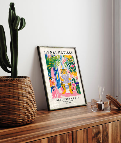 Funny Tiger Bathroom Print: Matisse Style Pink Decor