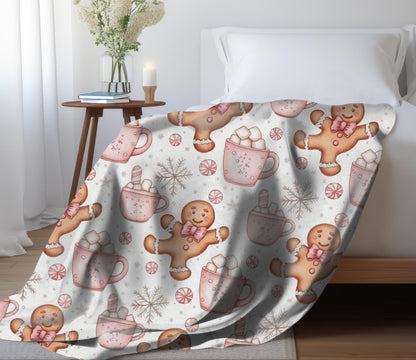Gingerbread Christmas Blanket Coquette Pink Bow Gingerbread Fleece Throw Pink Holiday Home Decor Hot Cocoa Christmas Gift for Family Friends