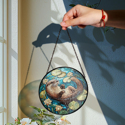 Swimming Otter Stained Glass Suncatcher, Funny Otter Glass Decor, Otter Lovers Gift, Gift For Her, Funny Animal Decor, Animal Lovers Gift