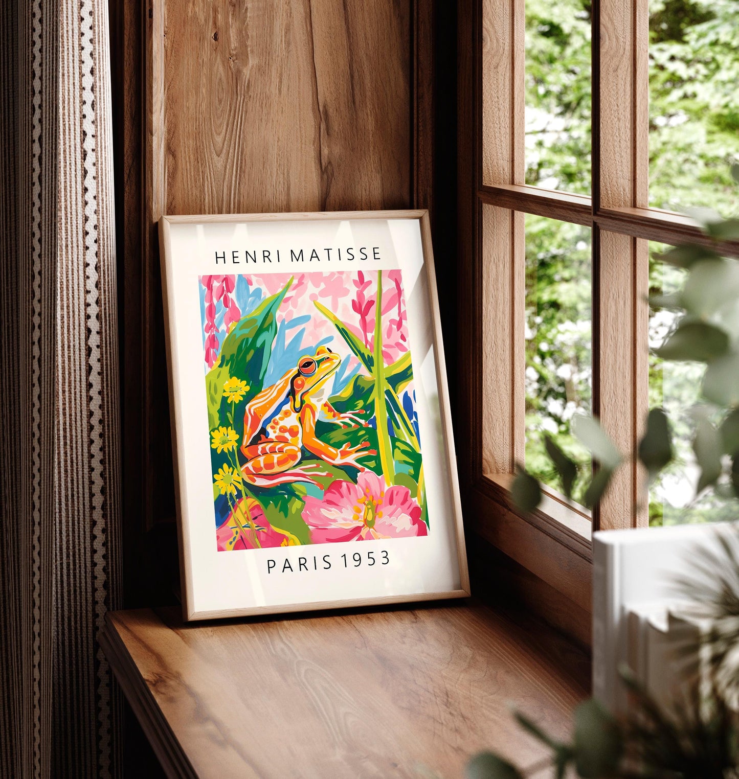 Maximalist wall art, Frog poster, Pink tropical decor, Mid century modern print, Matisse art
