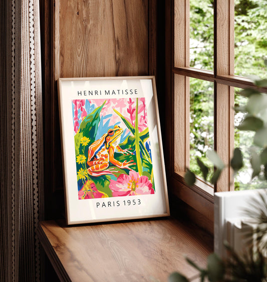 Maximalist wall art, Frog poster, Pink tropical decor, Mid century modern print, Matisse art