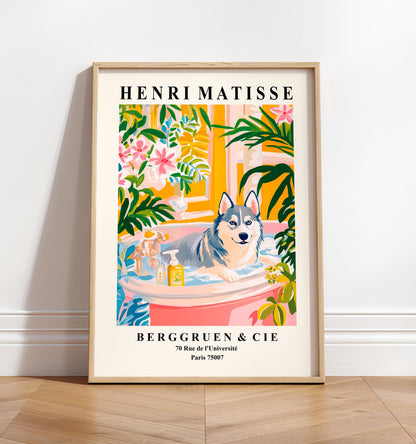 Husky in Bathtub Art Print: Matisse Style Dog Poster for Bathroom