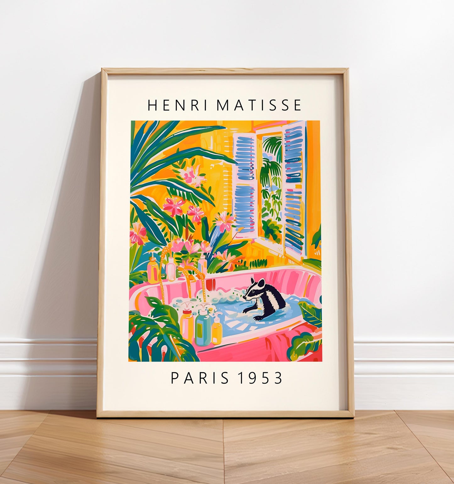 Skunk in Bathtub Art Print: Matisse Style Bathroom Decor