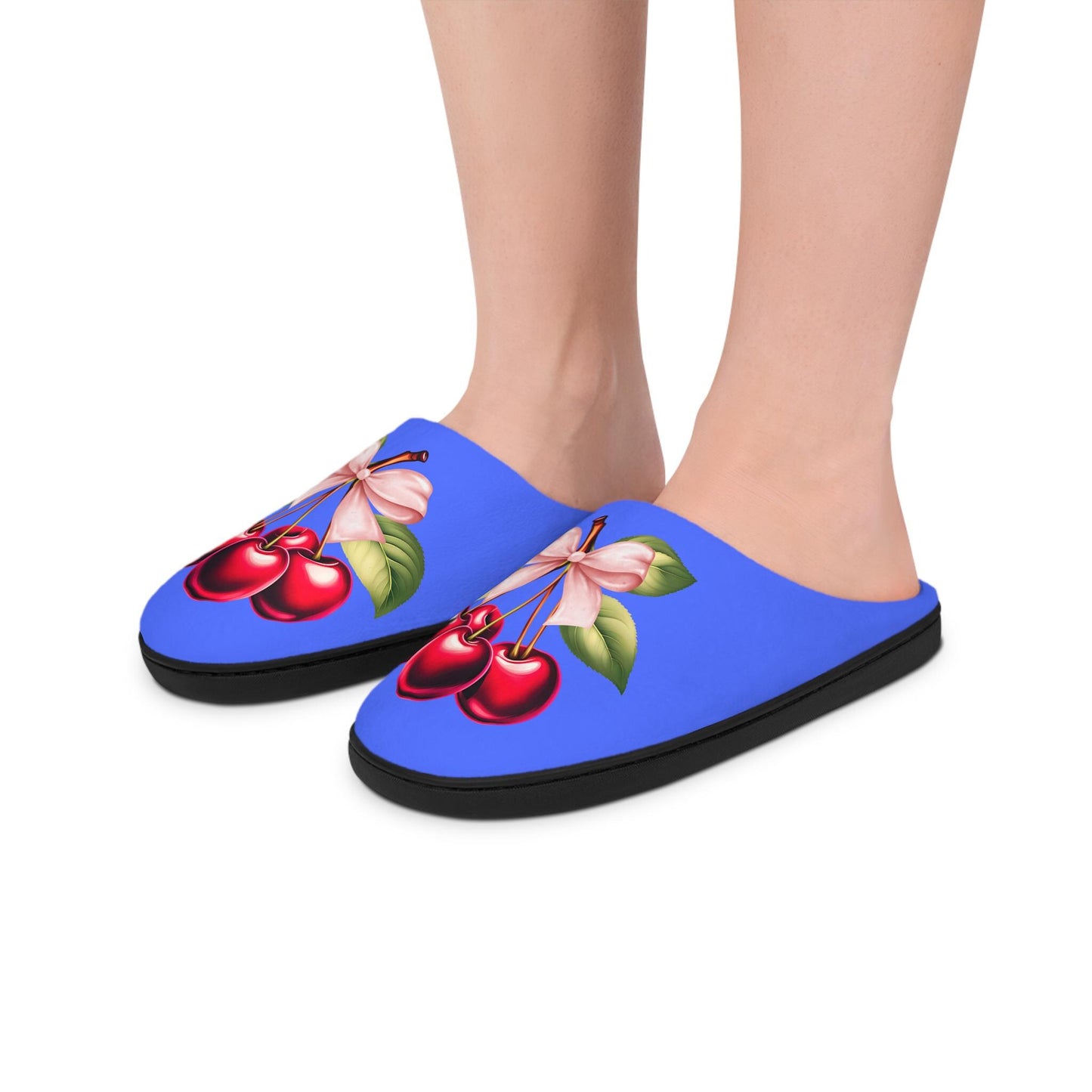 Blue Coquette PinkBow Women'sSlippers DarkRed Cherries and LightPink Bow - Cute and Cozy Footwear for Everyday Comfort Fruit Cherry Slippers