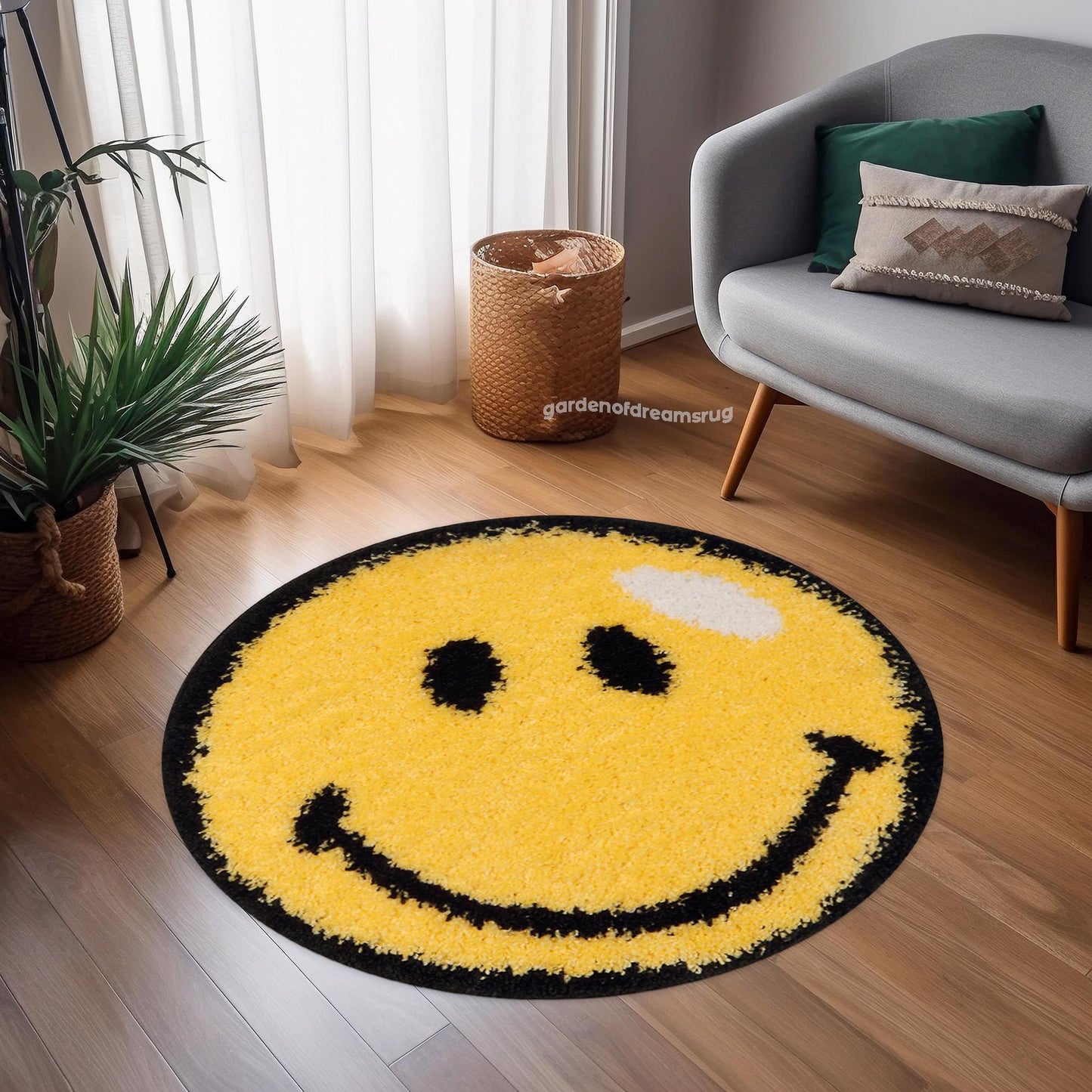 Smile Emoji Rug, Round Smile Rug, Tufted Look Rug, Emoji Decor, Rugs for Teen Room, Non Slip Rug, Kids Room Decor Carpet, Gift for Kids