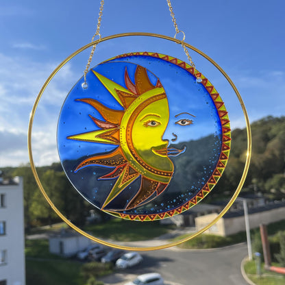 Sun catcher Crescent Moon Sun Stained Glass Suncatcher for Window Genuine professional handmade item