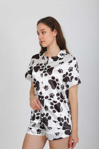 Dog Paw Print Satin Pajama Set | Button-Up Shirt- Shorts | Soft- Stylish Sleepwear | Perfect for Homewear Comfort | Satin Pajama