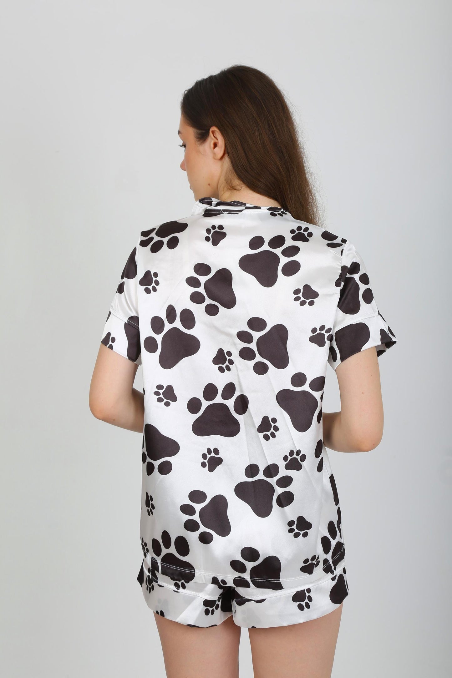 Dog Paw Print Satin Pajama Set | Button-Up Shirt- Shorts | Soft- Stylish Sleepwear | Perfect for Homewear Comfort | Satin Pajama