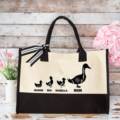 Kids Names Tote Bag, Duck Grandkids Tote, Customized Shoulder Bag, Mother Duck Canvas Tote, Grandma Handbag Gift, Large Tote Bag, Lunch Bag
