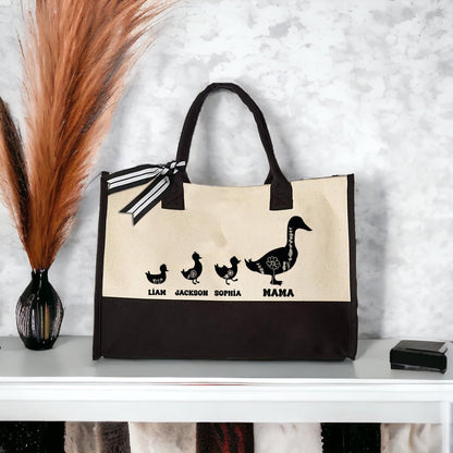 Kids Names Tote Bag, Duck Grandkids Tote, Customized Shoulder Bag, Mother Duck Canvas Tote, Grandma Handbag Gift, Large Tote Bag, Lunch Bag