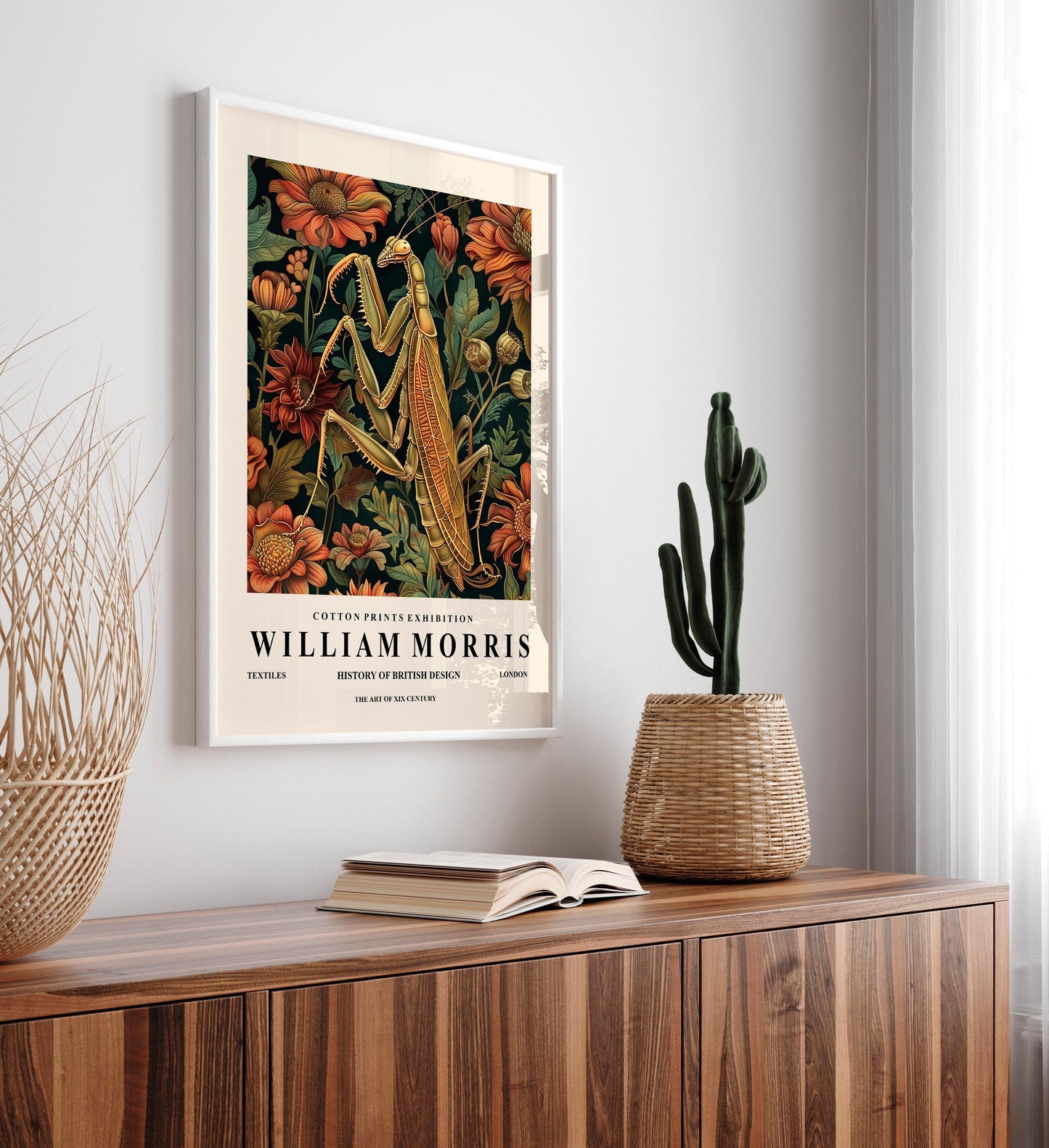 Praying Mantis Botanical Print: William Morris Style Art