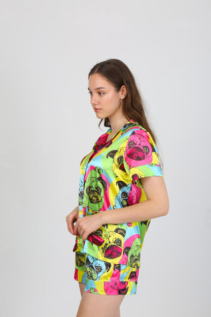 Whimsical Pug Print Pajama Set - Short Sleeve Shirt & Shorts - Colorful Dog Faces on Fabric - Fun, Cozy Sleepwear - Satin Pajamas