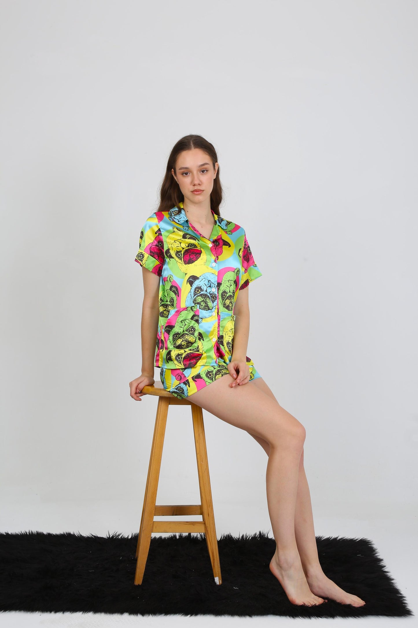 Whimsical Pug Print Pajama Set - Short Sleeve Shirt & Shorts - Colorful Dog Faces on Fabric - Fun, Cozy Sleepwear - Satin Pajamas