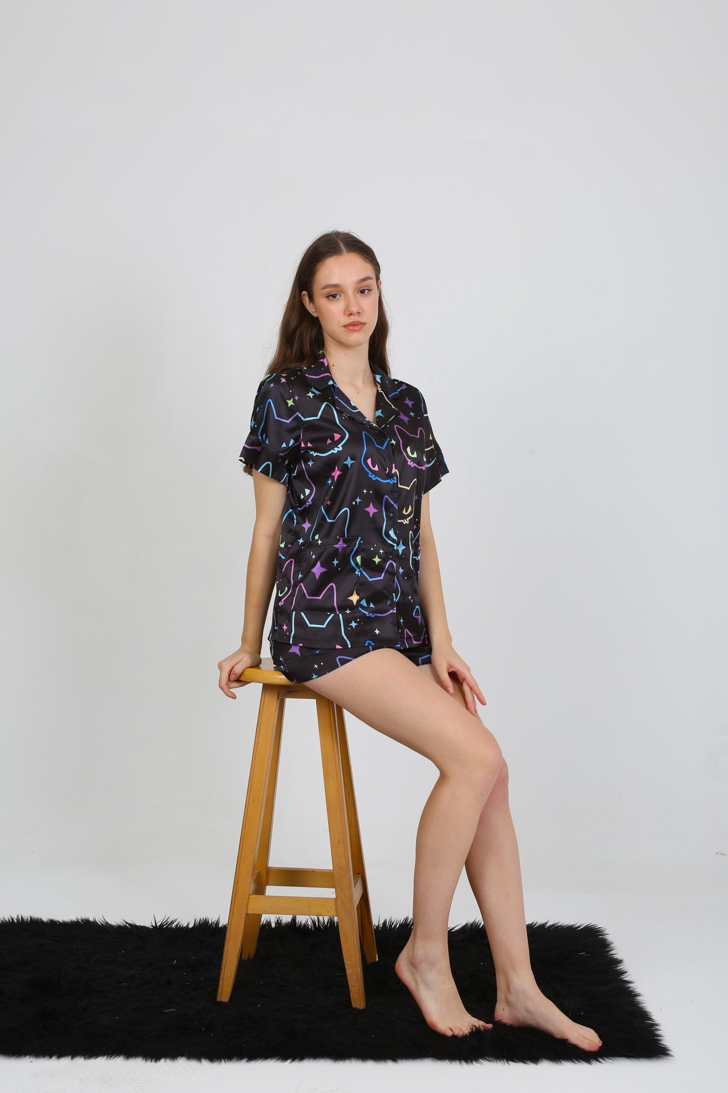 Black Satin Pajama Set with Vibrant Cat Paw Print - Short Sleeve Button-Up Shirt - Shorts - Stylish & Comfortable Loungewear for Home