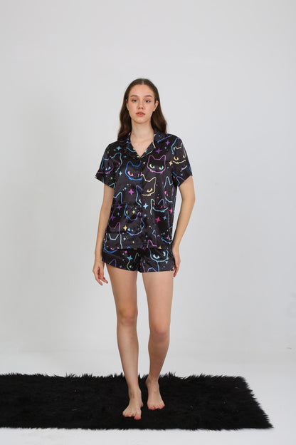 Black Satin Pajama Set with Vibrant Cat Paw Print - Short Sleeve Button-Up Shirt - Shorts - Stylish & Comfortable Loungewear for Home