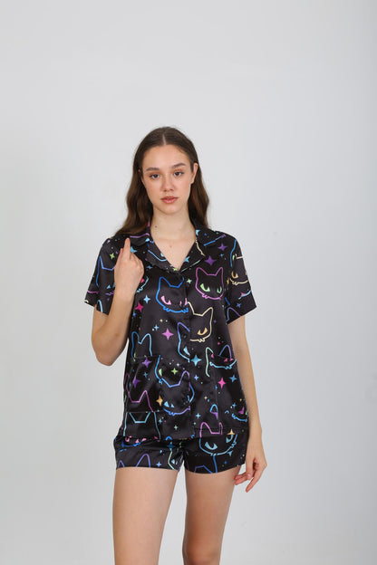 Black Satin Pajama Set with Vibrant Cat Paw Print - Short Sleeve Button-Up Shirt - Shorts - Stylish & Comfortable Loungewear for Home