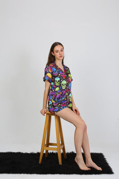 Neon Skull Satin Halloween Pajama Set – Short Sleeve Button-Up Shirt - Shorts Colorful Skull & Star Design on Black Satin