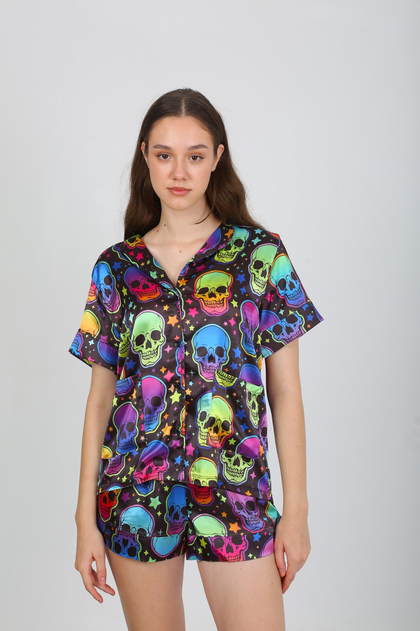 Neon Skull Satin Halloween Pajama Set – Short Sleeve Button-Up Shirt - Shorts Colorful Skull & Star Design on Black Satin