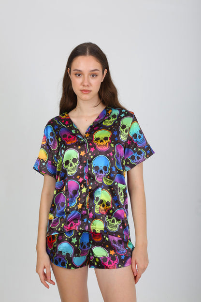 Neon Skull Satin Halloween Pajama Set – Short Sleeve Button-Up Shirt - Shorts Colorful Skull & Star Design on Black Satin