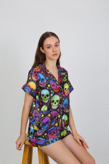 Neon Skull Satin Halloween Pajama Set – Short Sleeve Button-Up Shirt - Shorts Colorful Skull & Star Design on Black Satin