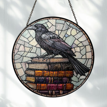 Crow and book stack GLASS Window hanging, Raven glass, Reading lover gift, Librarian gift, Reading room sign, Book worm gift,Book Lover gift