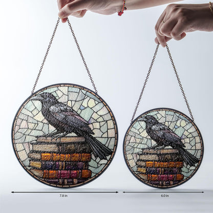 Crow and book stack GLASS Window hanging, Raven glass, Reading lover gift, Librarian gift, Reading room sign, Book worm gift,Book Lover gift