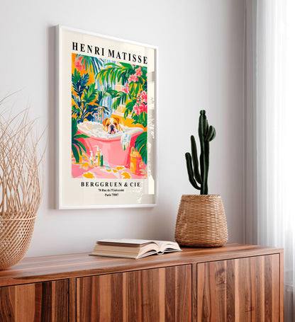 English Bulldog in Bathtub Art Print: Matisse Style Bathroom Decor