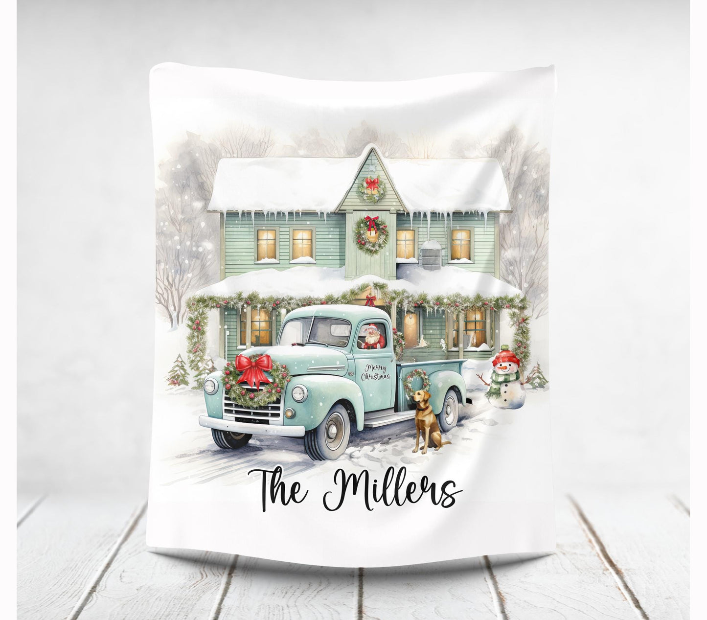 Christmas Truck and Farmhouse Personalized Blanket, Custom Family Name Christmas Blanket, Holiday Throw, Personalized Holiday Blanket