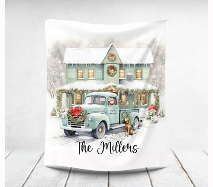 Christmas Truck and Farmhouse Personalized Blanket, Custom Family Name Christmas Blanket, Holiday Throw, Personalized Holiday Blanket