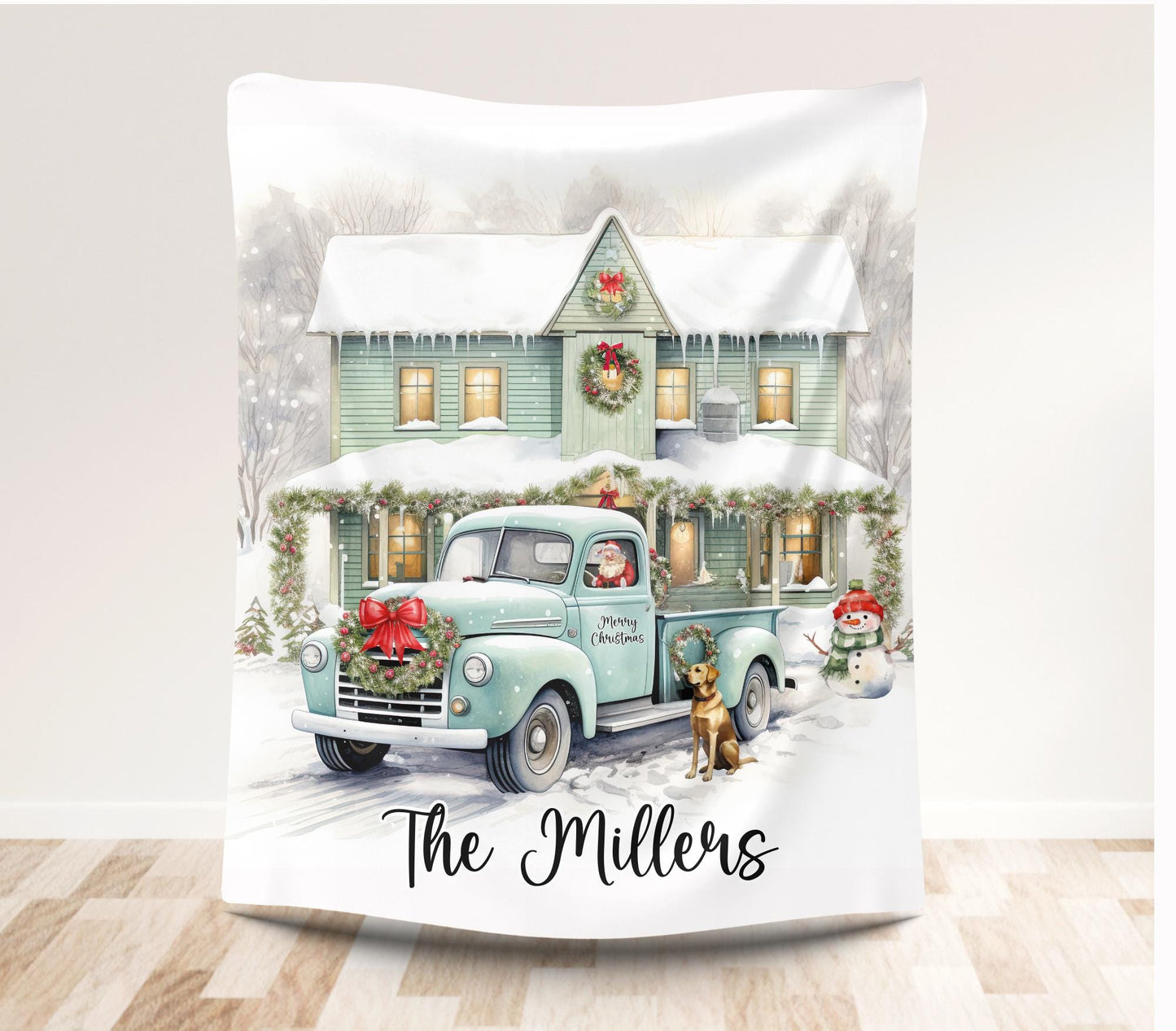 Christmas Truck and Farmhouse Personalized Blanket, Custom Family Name Christmas Blanket, Holiday Throw, Personalized Holiday Blanket