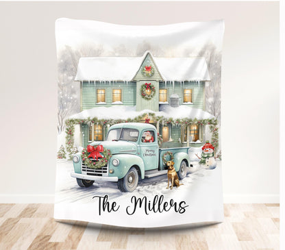 Christmas Truck and Farmhouse Personalized Blanket, Custom Family Name Christmas Blanket, Holiday Throw, Personalized Holiday Blanket