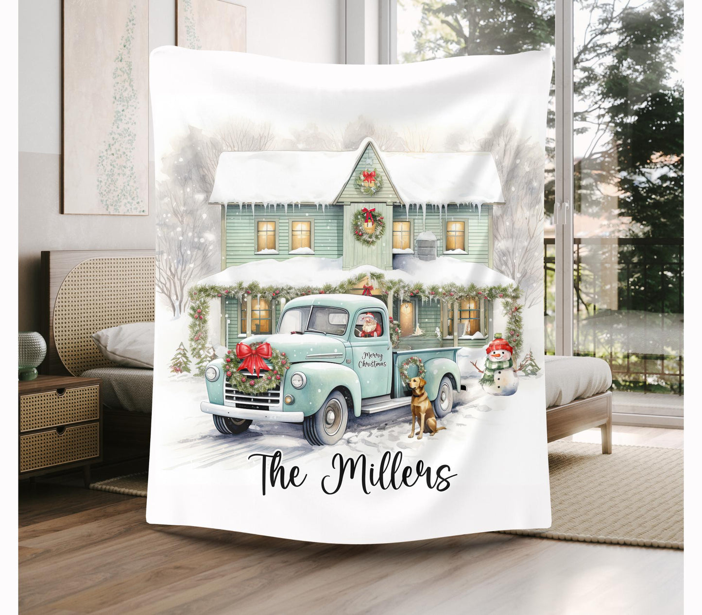 Christmas Truck and Farmhouse Personalized Blanket, Custom Family Name Christmas Blanket, Holiday Throw, Personalized Holiday Blanket