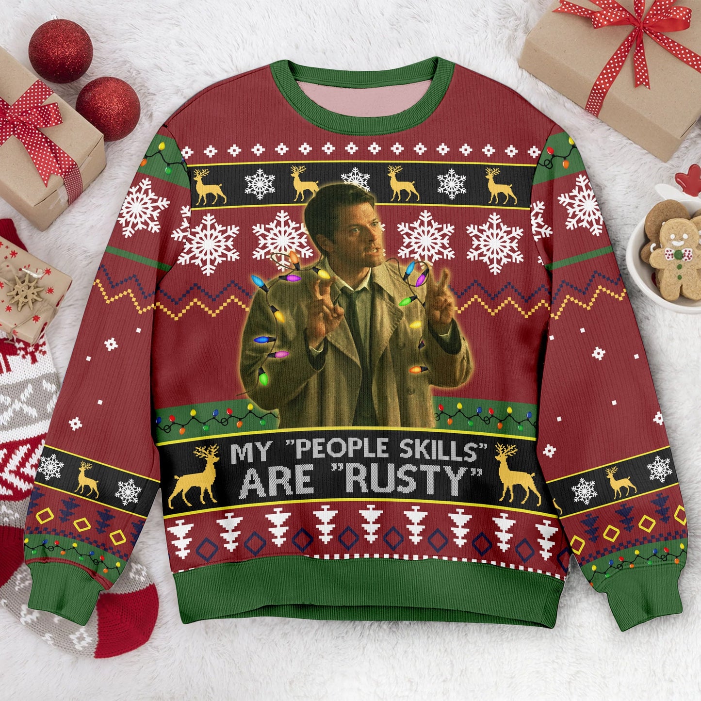 Misha Collins 'My People Skills' Ugly Christmas Sweater: Vintage Movie Quote