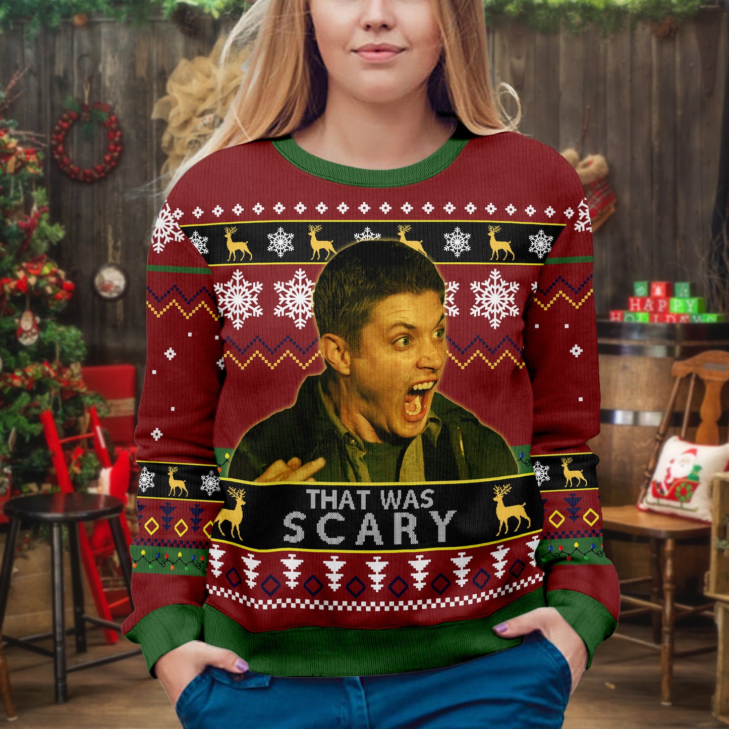 Dean Winchester 'That Was Scary' Ugly Christmas Sweater: Vintage Movie Quote