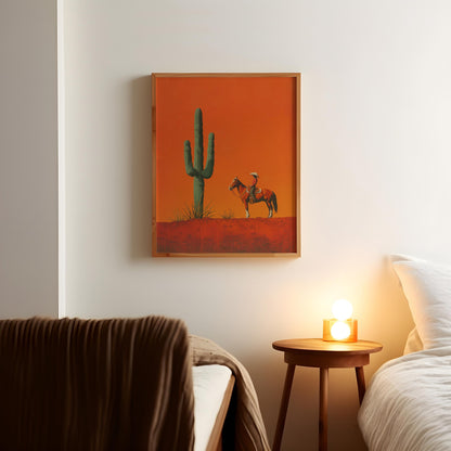 Cowgirl Minimalist Boho Western Illustration, Vintage Southwestern Boho Art, Cowboy Wall Print, Terracotta Sunset, Retro Cowboy Cowgirl Art