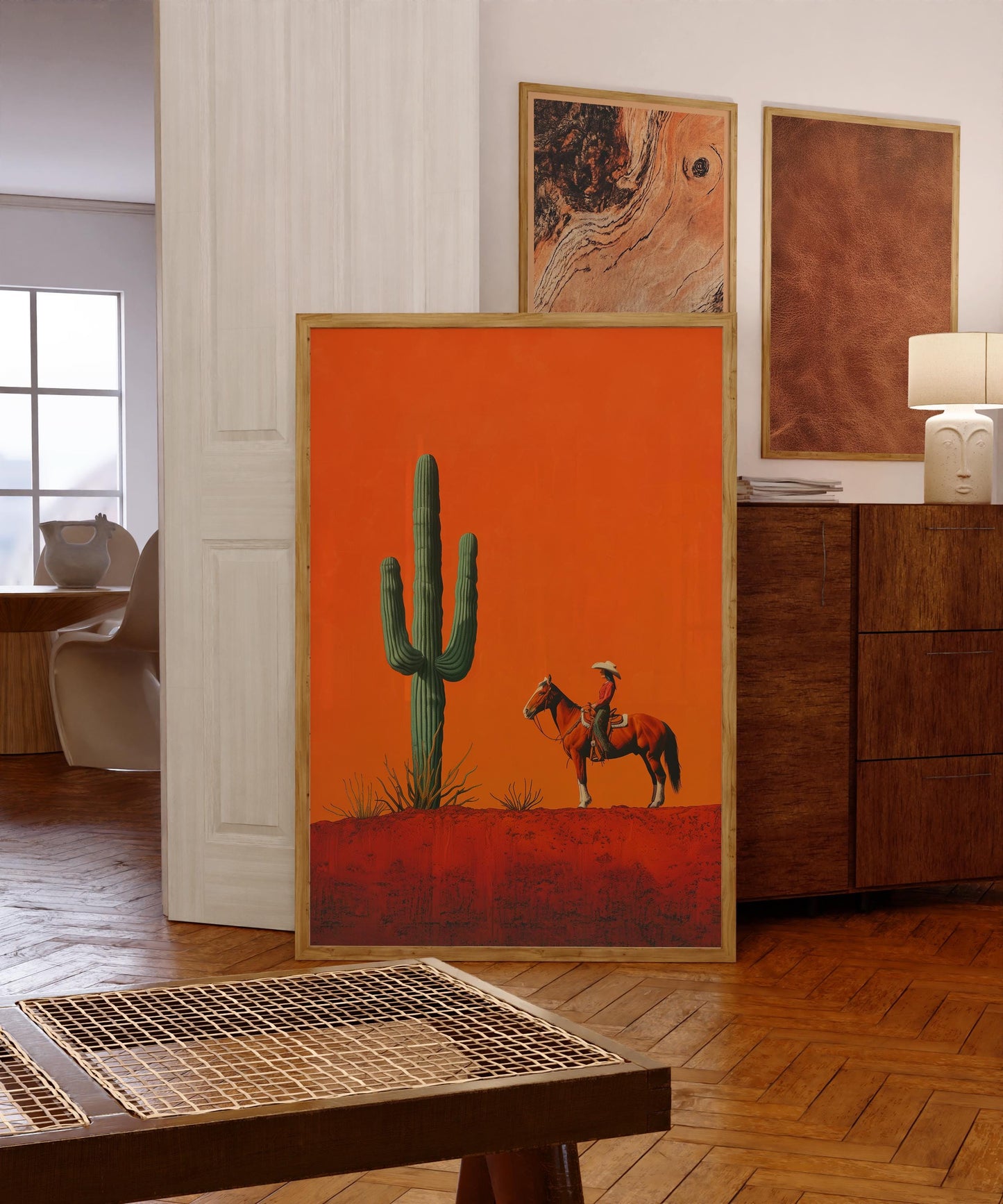 Cowgirl Minimalist Boho Western Illustration, Vintage Southwestern Boho Art, Cowboy Wall Print, Terracotta Sunset, Retro Cowboy Cowgirl Art