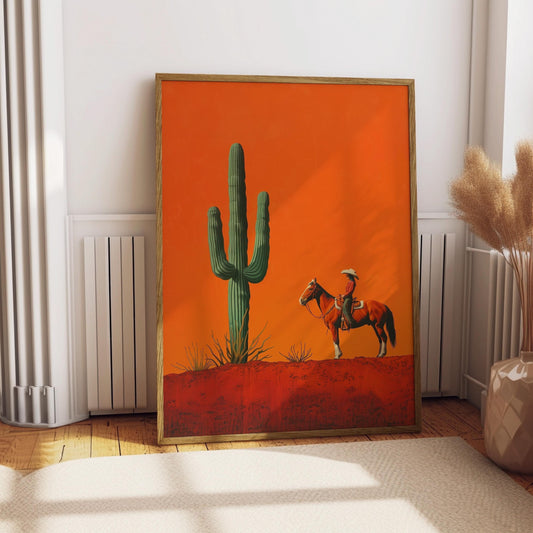 Cowgirl Minimalist Boho Western Illustration, Vintage Southwestern Boho Art, Cowboy Wall Print, Terracotta Sunset, Retro Cowboy Cowgirl Art