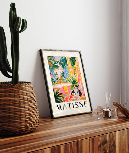 Matisse Style Border Collie Bathroom Art Print: Tropical Maximalist Decor