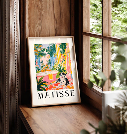 Matisse Style Border Collie Bathroom Art Print: Tropical Maximalist Decor