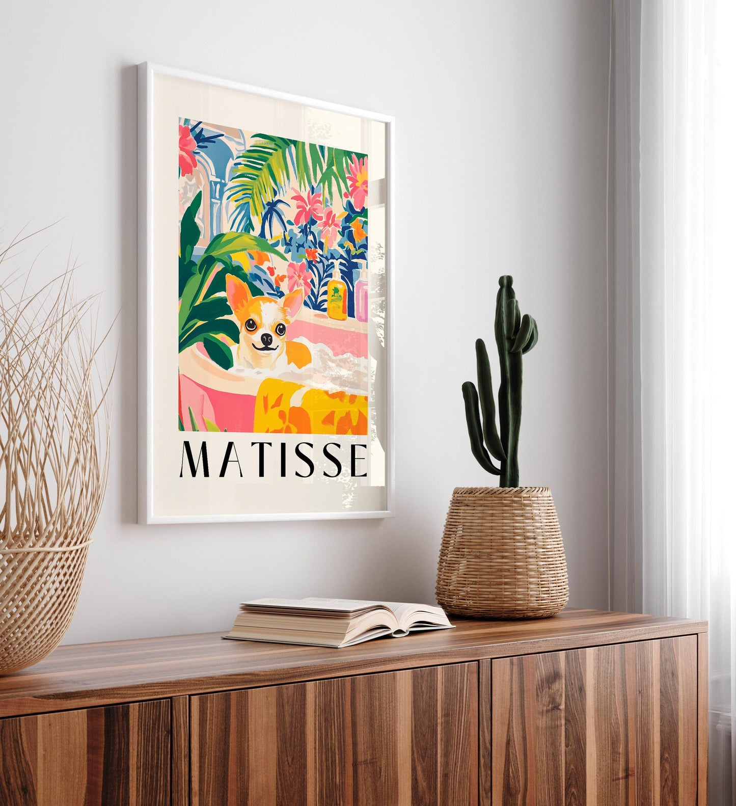Chihuahua in Bathtub Art Print: Tropical Bathroom, Matisse Style