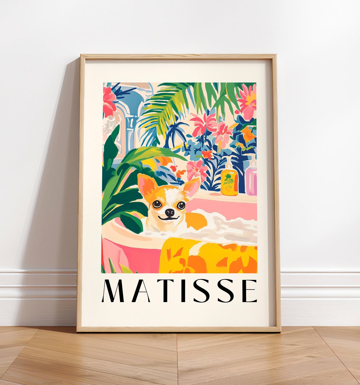 Chihuahua in Bathtub Art Print: Tropical Bathroom, Matisse Style