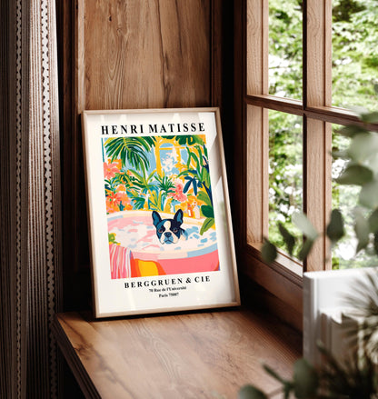 Boston Terrier in Bathtub Art Print: Matisse Style Bathroom Decor